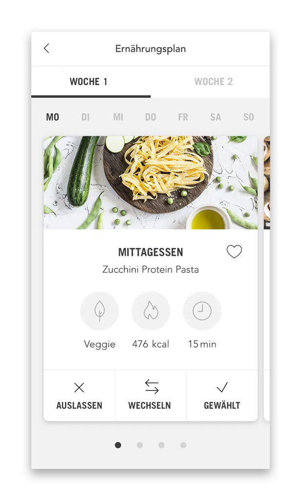 Fitpass Ernährungsplan Plan mit Mahlzeiten (Smartphone Ansicht Beispiel Tag)